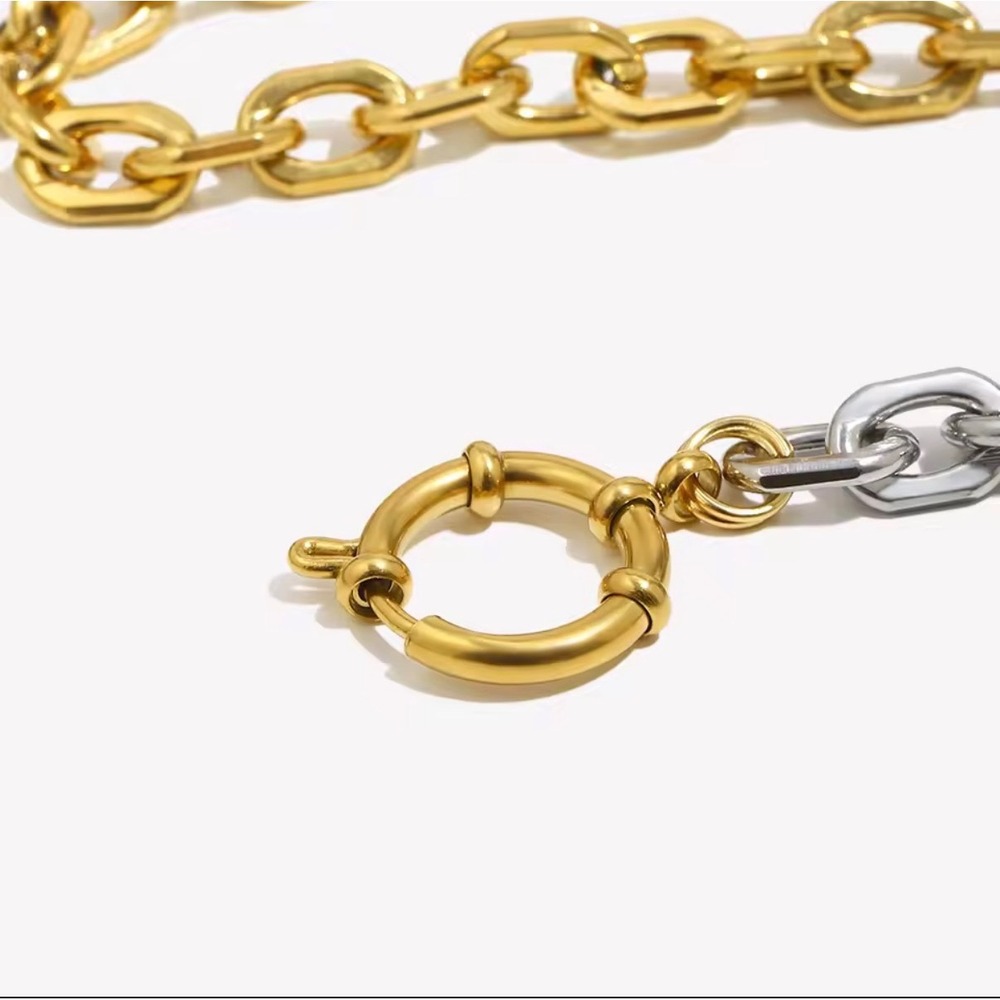 Two Tone Chunky Chain Link Necklace Gold Silver Mixed Metal Sailor Clasp Choker - Picture 2 of 10